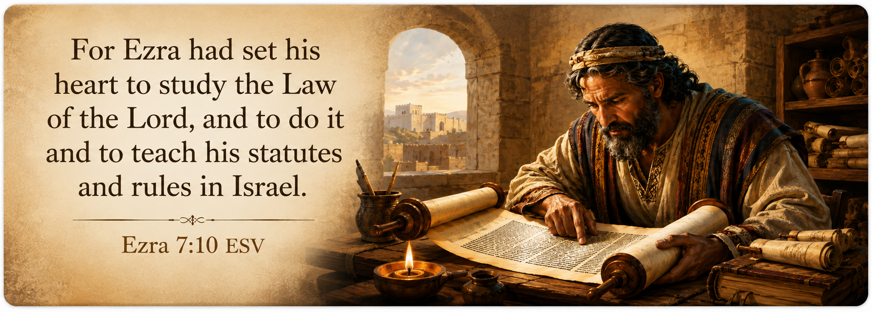 Banner showing Ezra studying a scroll with the verse: For Ezra had set his heart to study the Law of the Lord, and to do it and to teach his statutes and rules in Israel. Ezra 7:10 ESV